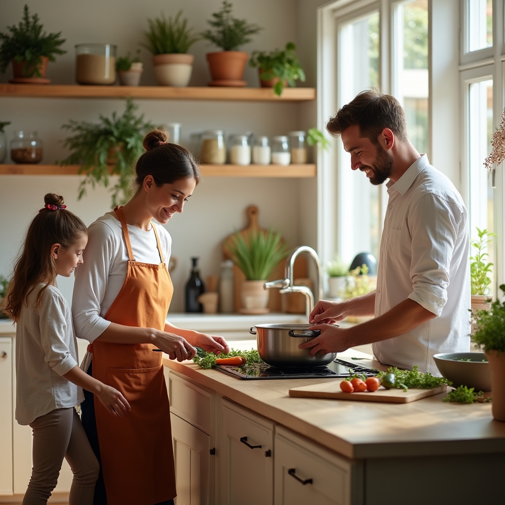 Family in a bright kitchen preparing food sustainably, using fresh local vegetables and minimal packaging