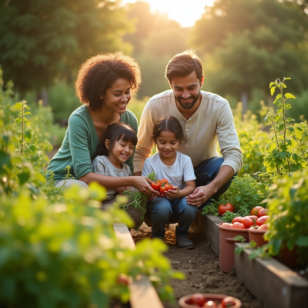 Family working together in a vegetable garden, learning about sustainable living