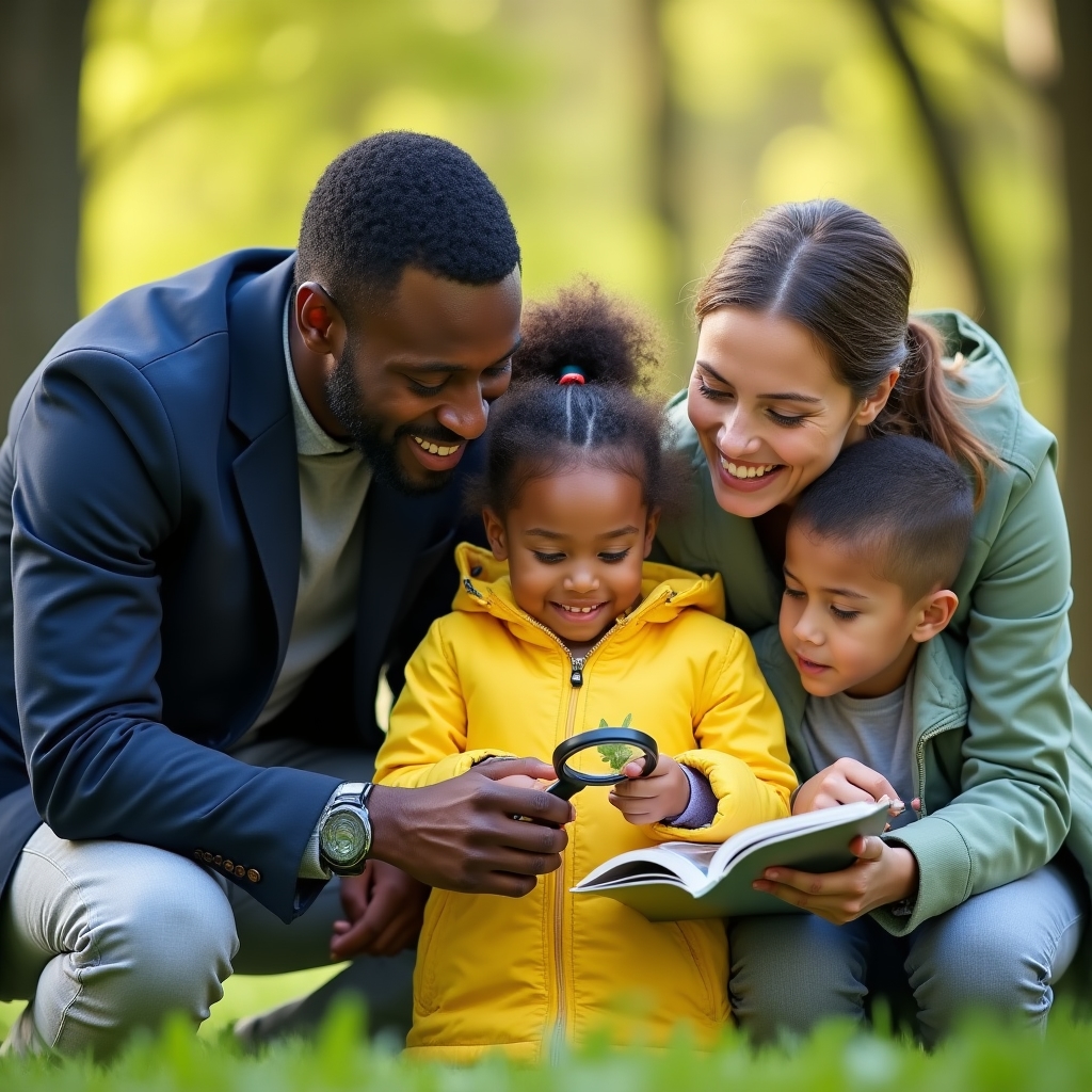 Parents and children outdoors doing a nature challenge activity, examining plants and insects in a park