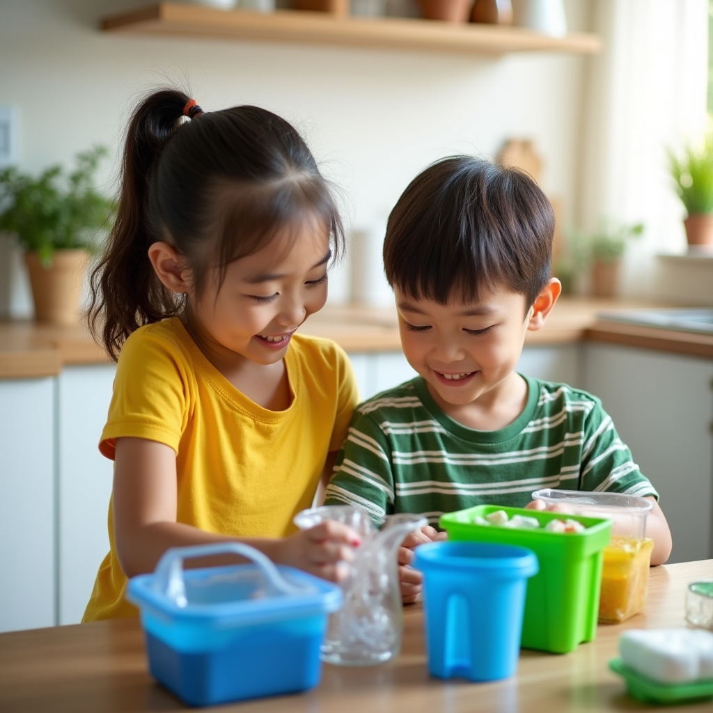 Children learning about recycling and green habits at home