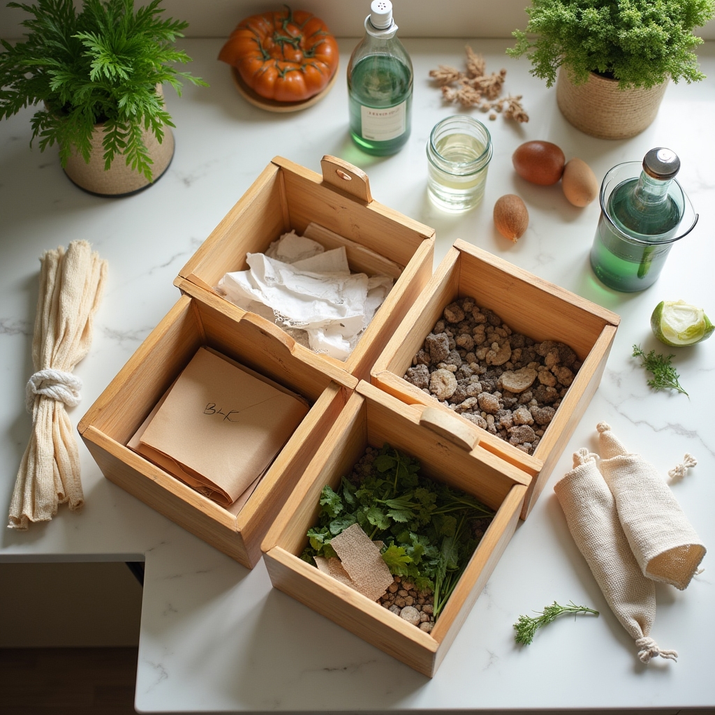 Kitchen countertop showing organized waste sorting bins and reusable containers
