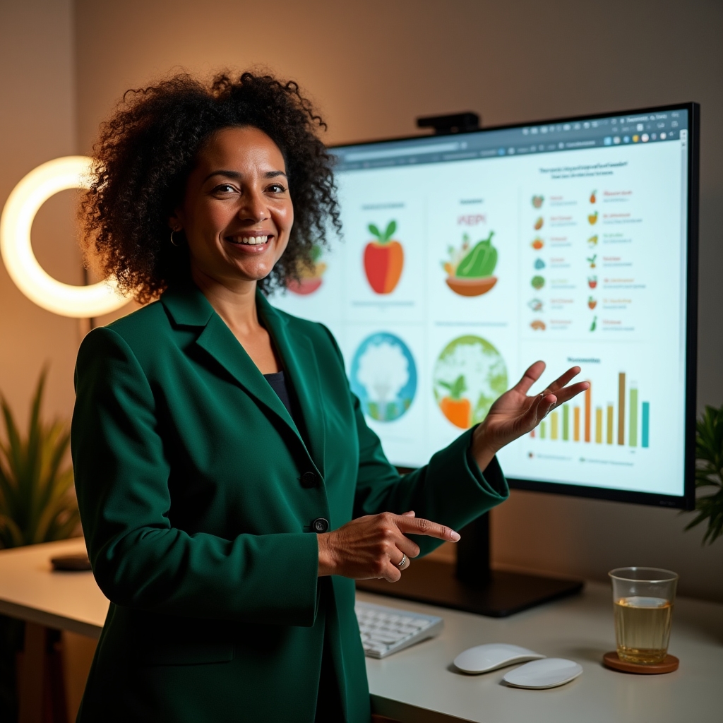 Webinar presenter discussing sustainable food choices and seasonal eating on screen